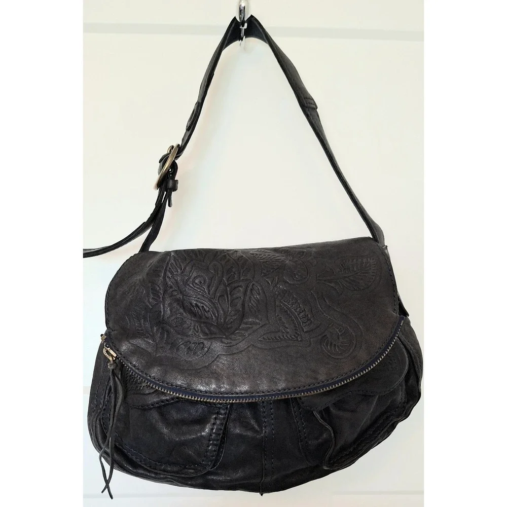 VTG Lucky Brand Y2K Dark Blue Lamb's Leather Hobo Boho Hippie Purse EUC